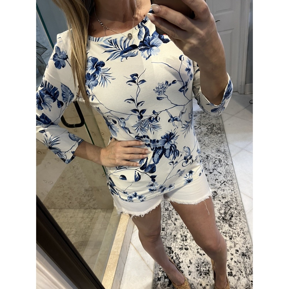 Talbots Monkey Floral Print Blouse White Blue 3/4 Sleeve Cotton Top Womens M